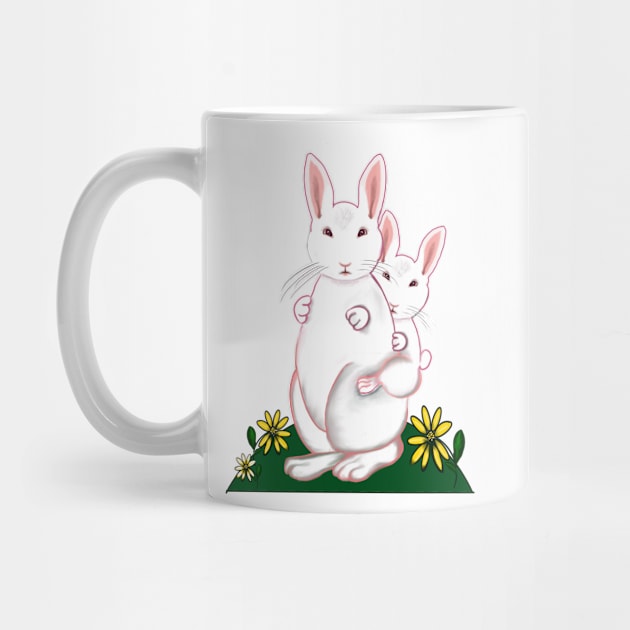 Mother and baby bunny rabbits flowers - cute bunny family mama rabbit carrying a baby rabbit child mothers day by Artonmytee